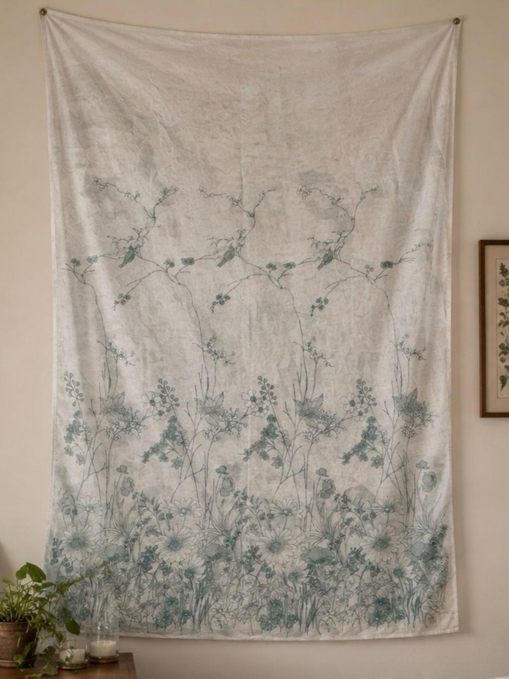 Vintage 70s Botanical Floral Sheer Tapestry Wall Hanging Curtain